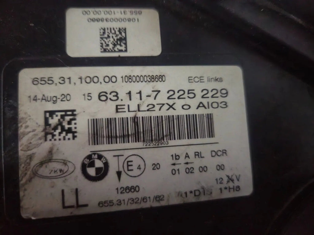 This image features the left-side Xenon headlight for the BMW 7 Series F01/F02 models, showcasing used OEM genuine quality with part number 7225229. Designed specifically for the F01 and F02 chassis, this original headlamp offers high-intensity Xenon lighting and precise fitment for the left side, ensuring reliable performance and compatibility.