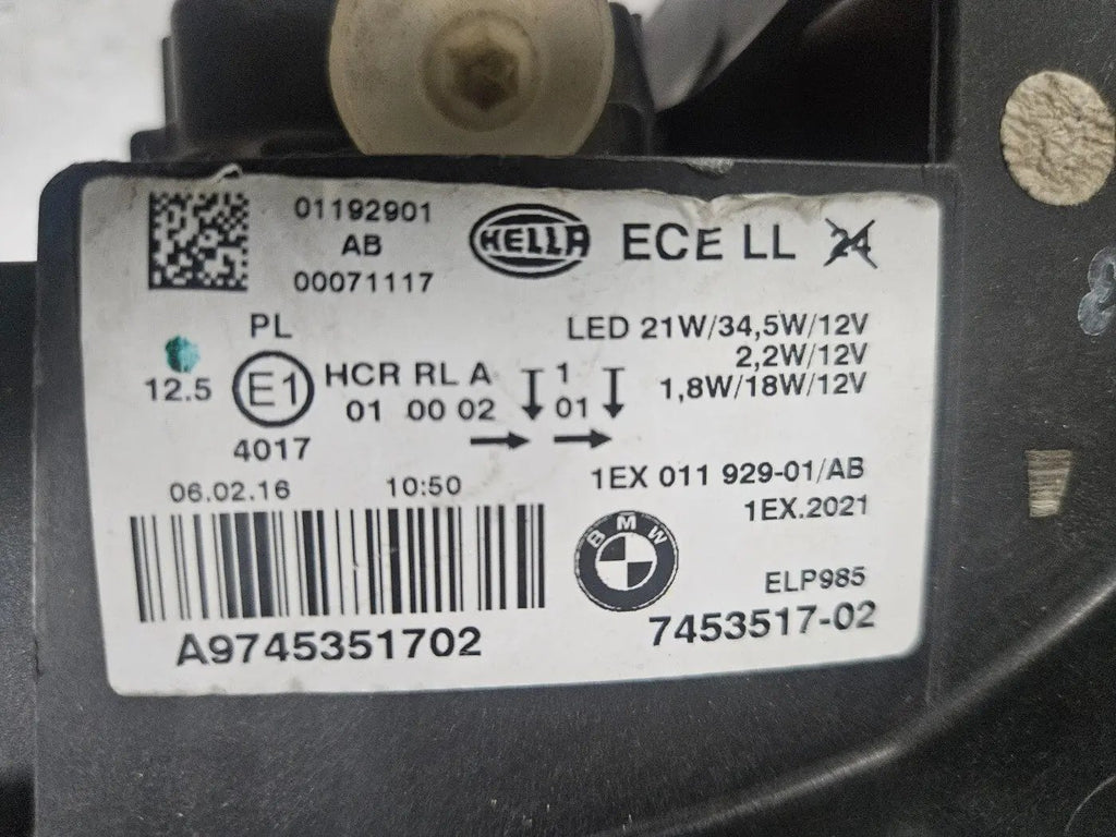 This image shows the left-side LED headlight for the BMW 1 Series F20 and F21 LCI (facelift) models, featuring OEM genuine quality with part number 7453517. This used original headlamp is engineered for a precise fit, delivering bright and efficient LED illumination along with the premium styling and performance expected from BMW's facelifted 1 Series.