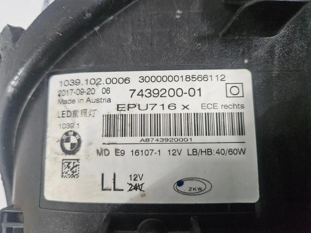 This image features the right-side LED headlight for the BMW 5 Series G30 and G31 models, with OEM genuine quality and part number 7439200. This used original headlamp is designed for a perfect fit on the right side, delivering bright LED illumination, modern styling, and the premium performance expected from authentic BMW components