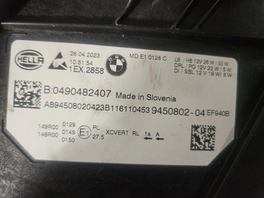 This image shows the right-side Adaptive LED headlight for the BMW 3 Series G20 LCI and G21 LCI models, featuring OEM genuine quality with part number 9450802. This used original headlamp is designed for the facelift (LCI) versions, offering precise fitment, advanced adaptive LED technology, and high-performance illumination tailored for modern BMW styling and safety