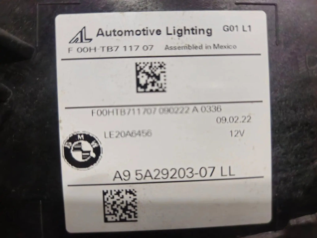 This image features the left-side Adaptive LED headlight for BMW models including iX3 G08, X3 G01, X3 M F97, X4 G02, and X4 M F98, with OEM genuine quality and part number 5A29203. This used original headlamp provides precise fitment and BMW’s advanced Adaptive LED technology, ensuring enhanced visibility, dynamic beam control, and premium styling for these performance SUVs.