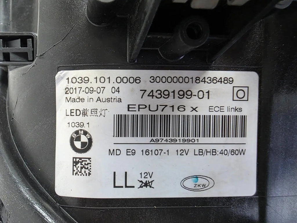 This image shows the left-side LED headlight for the BMW 5 Series G30 and G31 models, featuring OEM genuine quality with part number 7439199. This used original headlamp is engineered for a precise fit on the left side, offering bright and efficient LED illumination, modern styling, and the reliable performance expected from BMW components.