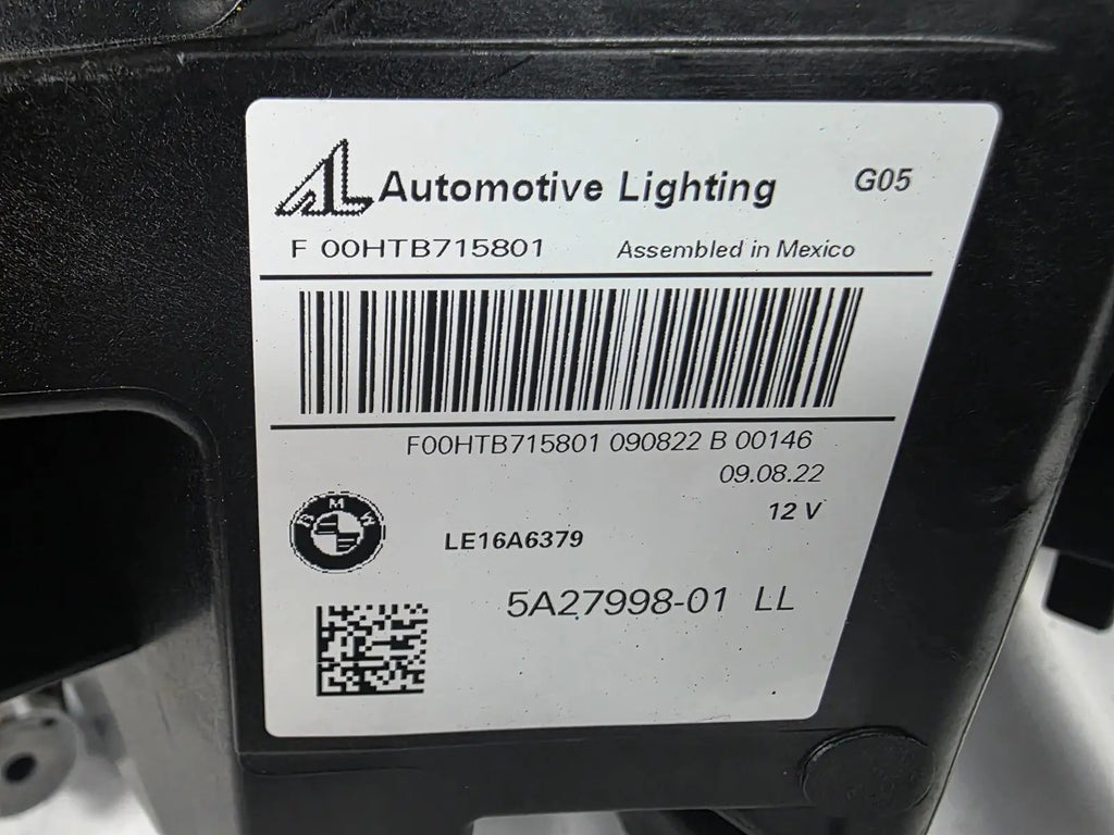 This image displays the right-side Laser headlight for BMW models X5 G05, X5 M F95, X6 G06, and X6 M F96, featuring OEM genuine quality with part number 5A27998. This used original headlamp delivers cutting-edge BMW Laserlight technology, offering enhanced night visibility, precise fitment, and a sleek, high-performance design tailored for these luxury SUV models.