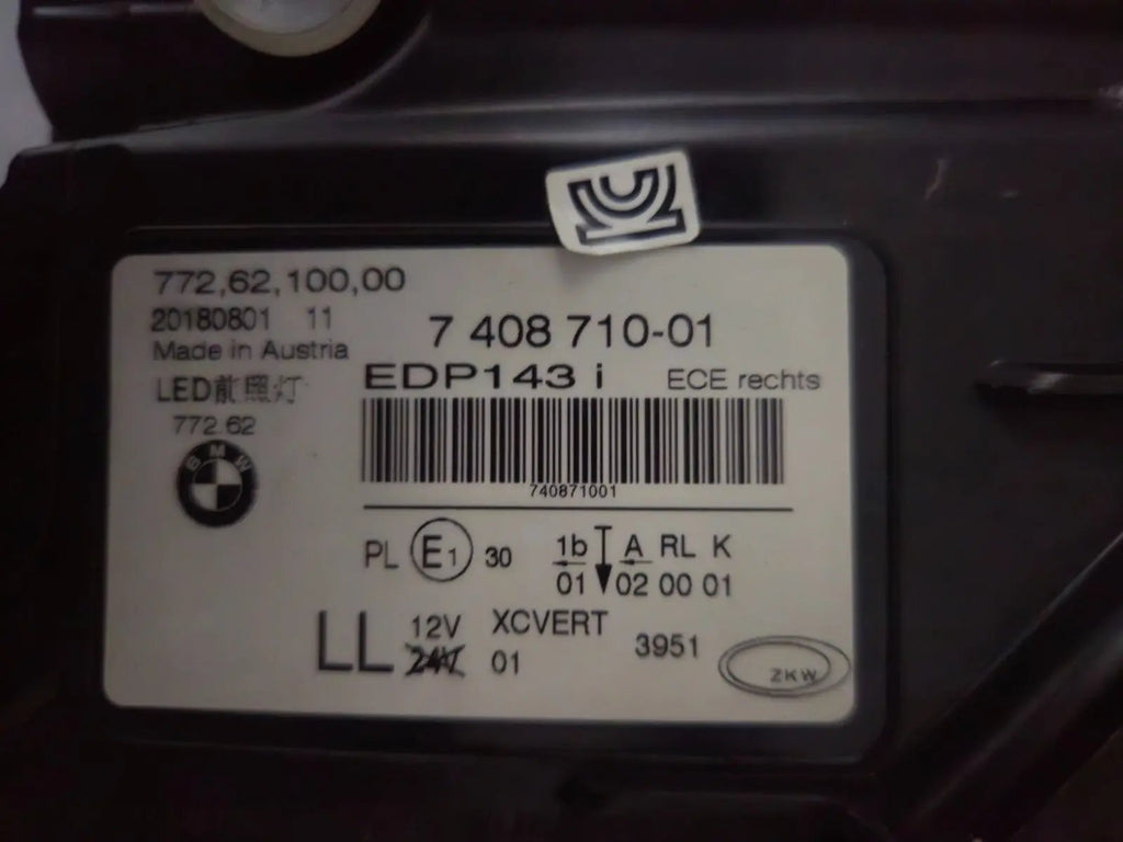 This image features the right-side Adaptive LED headlight (ICON design) for the BMW 7 Series G11 and G12 models, showcasing OEM genuine quality with part number 7408710. This used original headlamp offers BMW’s signature Adaptive LED with ICON styling, providing dynamic lighting performance, precise fitment, and premium functionality tailored for the luxury 7 Series lineup.