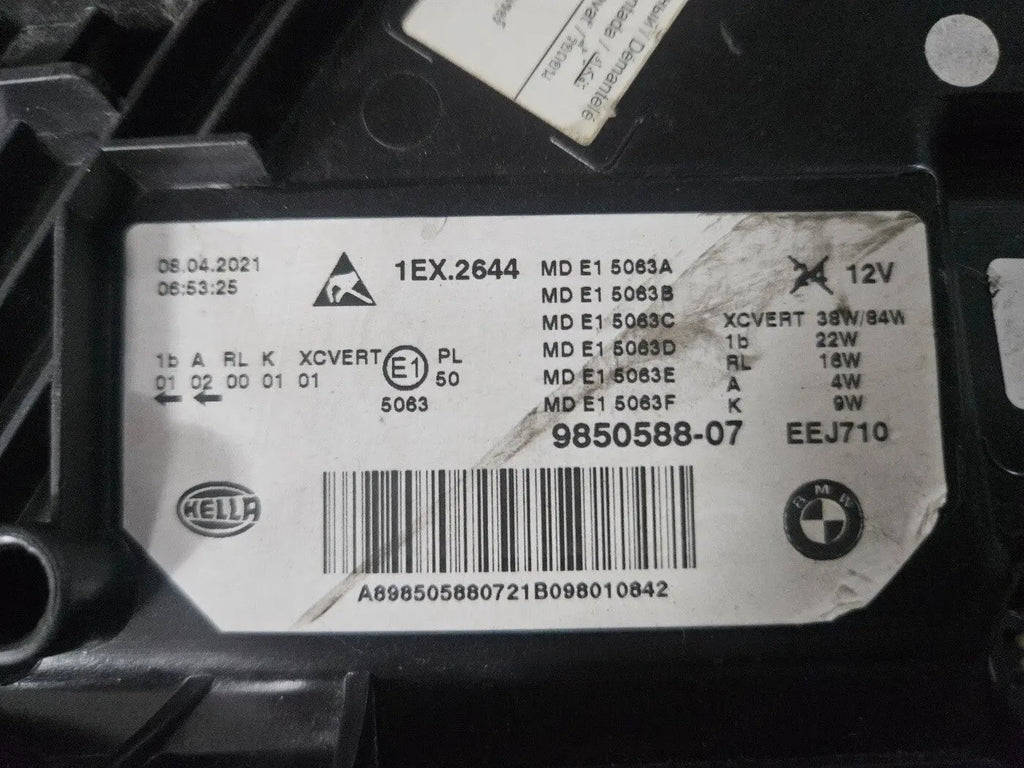 This image displays the right-side Laser headlight for BMW 5 Series G30, G31, and F90 LCI models, featuring OEM genuine quality with part number 9850588. This used original headlamp is designed for a precise fit on the facelifted (LCI) versions of the 5 Series, delivering advanced BMW Laserlight technology for superior visibility, performance, and modern styling