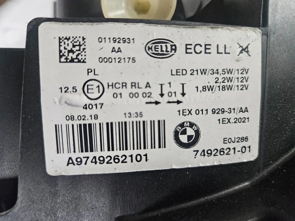 This image features the left-side LED headlight for the BMW 1 Series F20 and F21 LCI (facelift) models, with OEM genuine quality and part number 7492621. This used original headlamp is designed specifically for the facelifted versions, offering sharp LED illumination, precise fitment, and the premium build quality expected from BMW OEM components