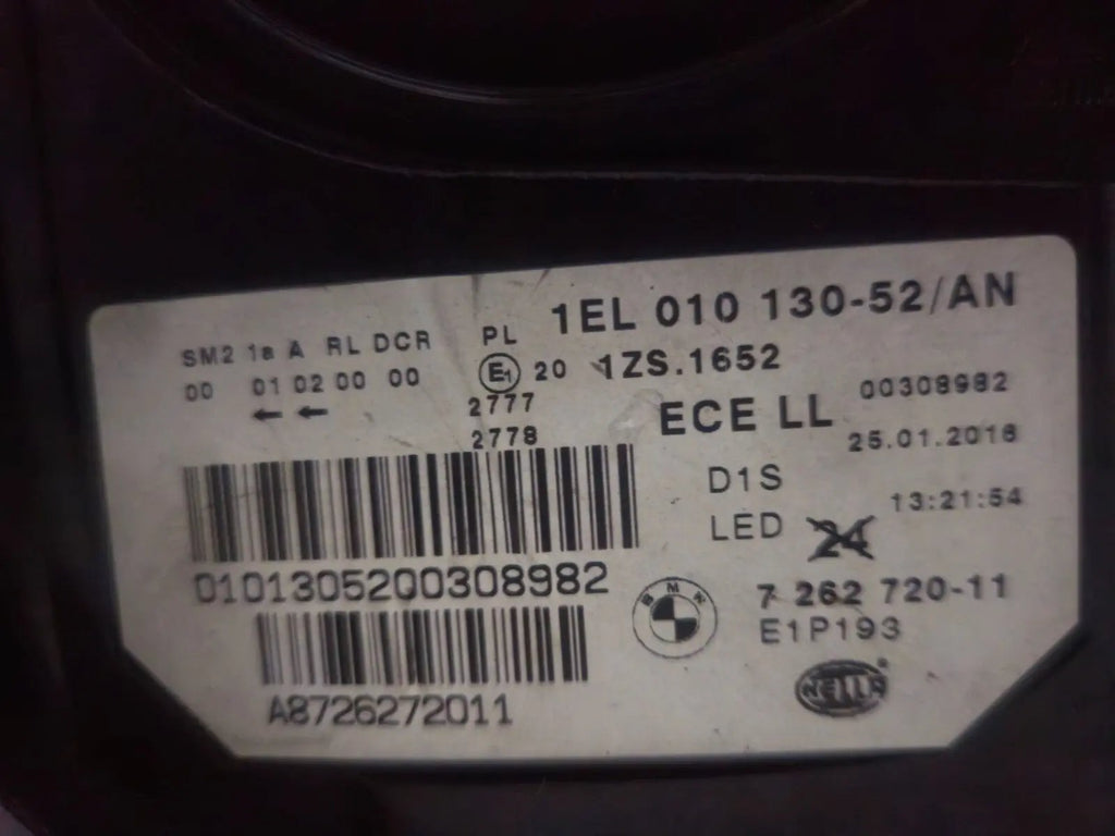 This image shows the right-side Bi-Xenon headlight for the BMW 5 Series GT F07 model, featuring OEM genuine quality with part number 7262720. It is a used original headlight designed for precise fit on the right side of the BMW F07 Gran Turismo, offering advanced Bi-Xenon lighting performance and durable OEM construction