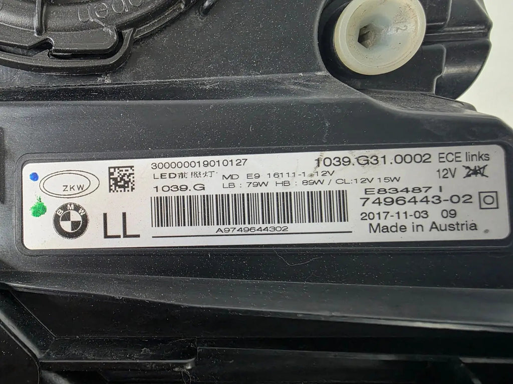 This image shows the left-side Adaptive LED headlight (ICON design) for the BMW 6 Series GT G32 model, featuring OEM genuine quality with part number 7496443. This used original headlamp is designed to deliver advanced Adaptive LED lighting with BMW’s ICON styling, offering precise fitment, enhanced road illumination, and premium performance for the 6 Series Gran Turismo.