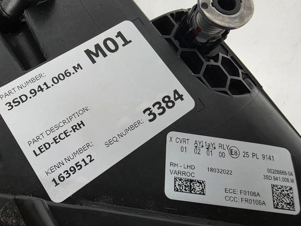 This image displays the right-side (RH) LED headlight for the 2020–2023 Bentley Continental GT, featuring OEM genuine quality with part number 3SD941006M. This original driver-side headlamp is designed specifically for the Continental GT model, offering premium LED lighting technology, sleek design, and a precise factory fit for luxury performance and style.