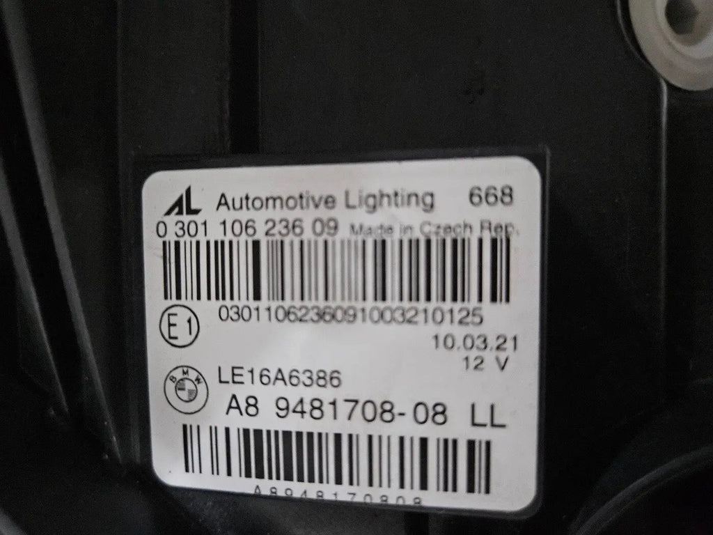 This image shows the right-side Laser headlight for BMW 3 Series G20 and G21 models, featuring OEM genuine quality with part number 9481708. This used original headlamp offers advanced BMW Laserlight technology for superior road illumination, precise fitment, and a sleek, high-performance design tailored to the modern styling of the 3 Series.