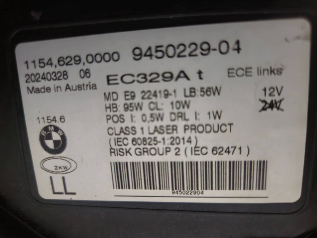 This image features the left-side Laser headlight for the BMW 7 Series G11 LCI and G12 LCI models, with OEM genuine quality and part number 9450229. Specifically designed for the facelifted (LCI) versions of the G11 and G12, this used original headlamp offers cutting-edge BMW Laserlight technology, precision fitment, and exceptional nighttime visibility, perfectly aligning with the luxury and performance of the 7 Series