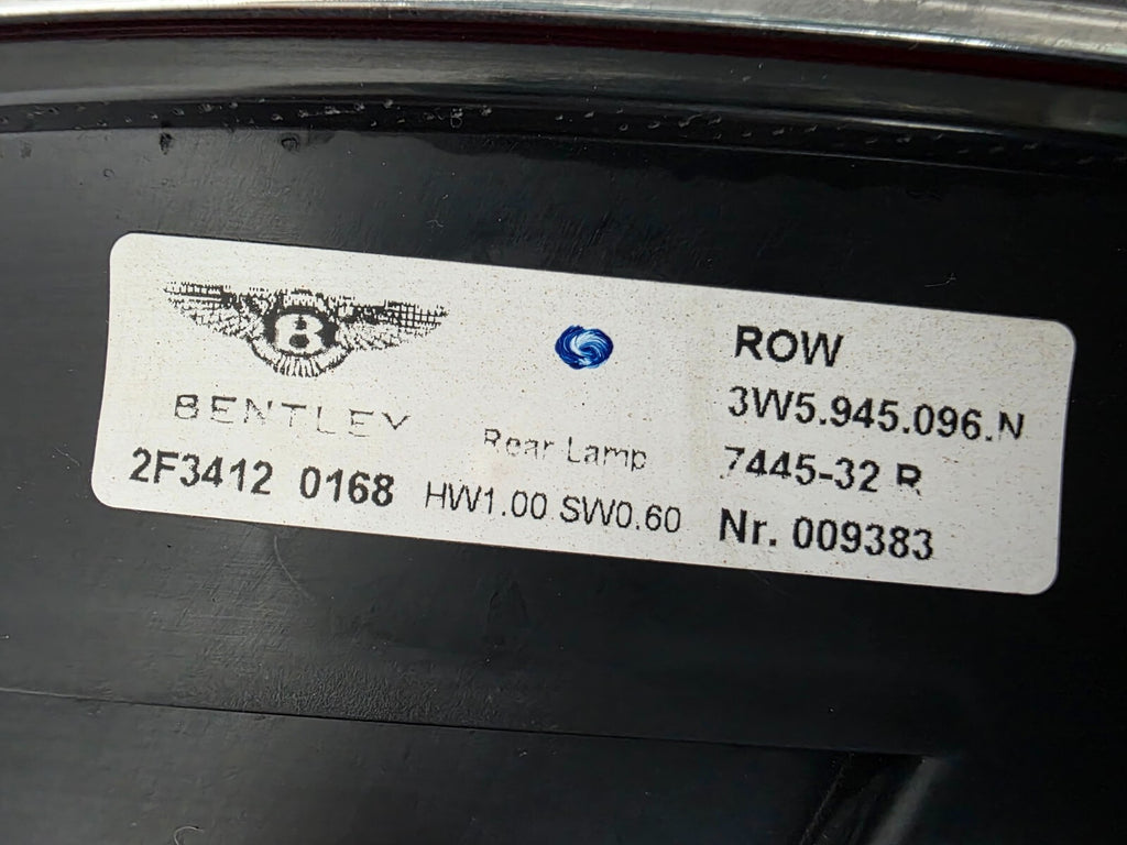 This image features the rear right tail light for the Bentley Continental Flying Spur, showcasing OEM genuine quality with part number 3W5945096N. This used original component is designed for a precise factory fit, delivering premium illumination, elegant styling, and reliable performance consistent with Bentley’s luxury standards.