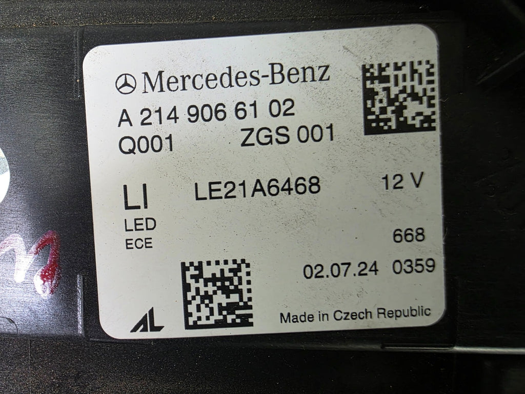 This image showcases the OEM genuine DIGITAL LIGHT headlights for the Mercedes-Benz E-Class W214, available for both right and left sides with part numbers A2149066102 (right) and A2149066202 (left). These advanced headlamps are original Mercedes-Benz components designed for the W214 model, offering cutting-edge DIGITAL LIGHT technology that enhances driving safety and precision lighting. The headlights are used but maintain high-quality OEM standards and are ideal replacements for the corresponding side.
