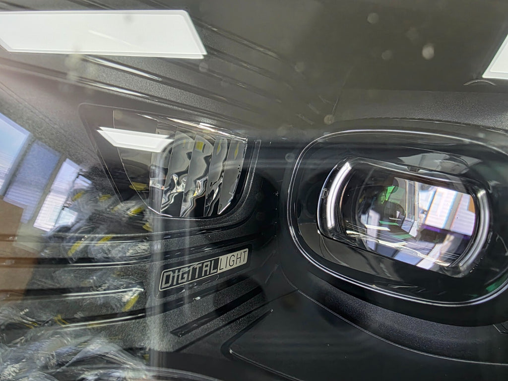 This image showcases the OEM genuine DIGITAL LIGHT headlights for the Mercedes-Benz E-Class W214, available for both right and left sides with part numbers A2149066102 (right) and A2149066202 (left). These advanced headlamps are original Mercedes-Benz components designed for the W214 model, offering cutting-edge DIGITAL LIGHT technology that enhances driving safety and precision lighting. The headlights are used but maintain high-quality OEM standards and are ideal replacements for the corresponding side.