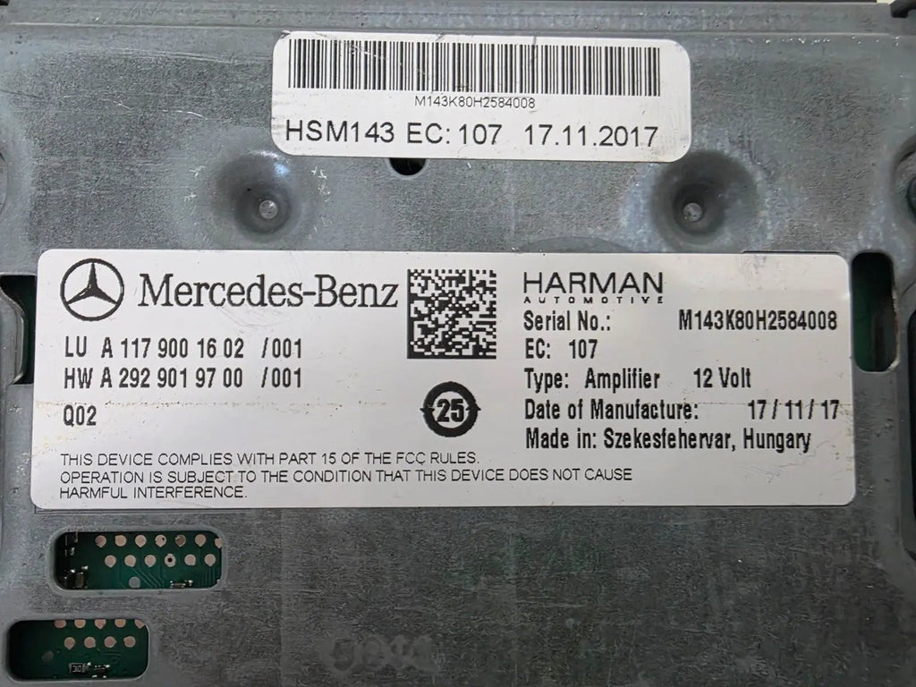 2013 - 2019 MERCEDES CLA250 W117 AMPLIFIER SOUND CONTROL UNIT A1179001602 OEM